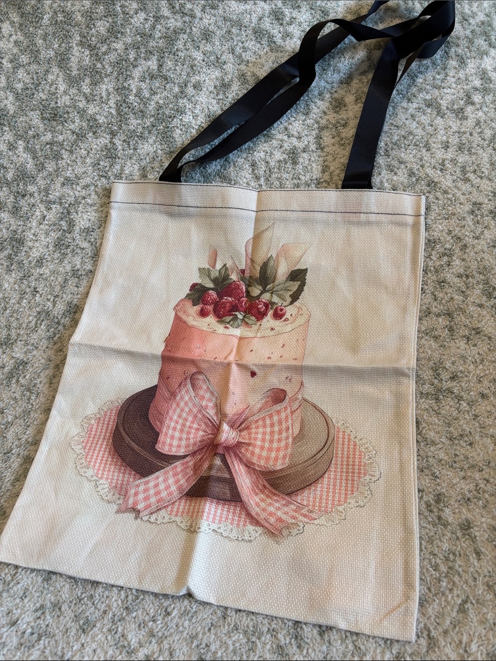 Pink Raspberry Cake Poly Canvas Tote Bag with Black Straps NWT 13.50x15.75”